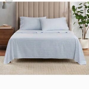 WelHome 320 Thread Count 4-piece Cotton-rich Sheet Set, Blue/White Strip…